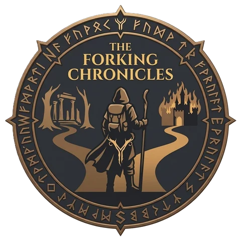 The Forking Chronicles emblem: a hooded traveller at a fork in the road between ancient ruins and a burning castle, ringed with runes