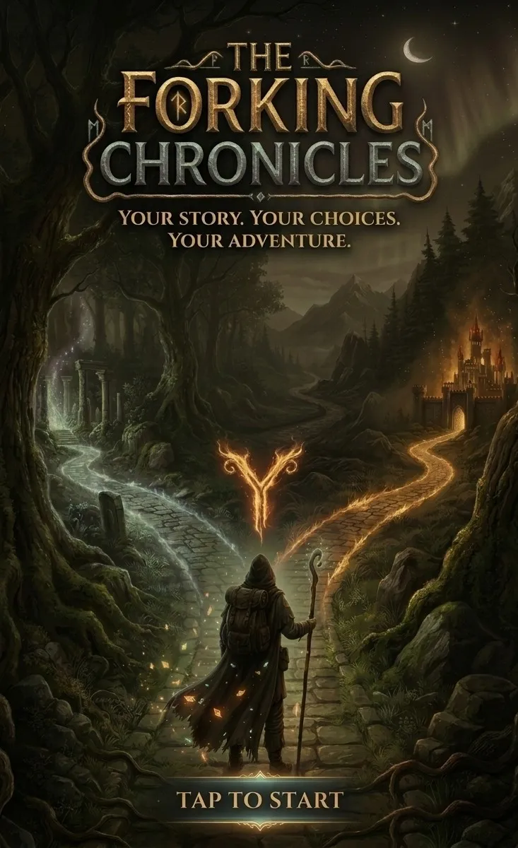 The Forking Chronicles launch screen: a hooded traveller stands where a cobbled path splits into a glowing blue road toward ruins and a fiery road toward a burning castle
